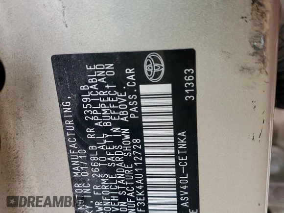 2010 Toyota Camry z VIN 4T1BF3EK4AU112728, wystawiony jako Copart lot #54740835 z przebiegiem 133 340 mil mil oraz Szkoda całkowita • Salvage title. Historia ofert i sprzedaży dostępna na DreamBid. Obrazek 12.