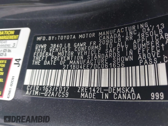 2013 Toyota Corolla L with VIN 2T1BU4EE7DC061656, listed as a IAAI auction lot 42169502 with 182,402 mi miles and . Bid and sale history available at DreamBid. Image 9.