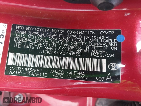 2008 Toyota Prius with VIN JTDKB20U487705551, listed as a IAAI auction lot 41788081 with 174,871 mi miles. Bid and sale history available at carsss.com. Image 9.
