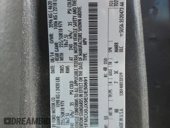 2014 Ford Escape Titanium with VIN 1FMCU0JX9EUE50691, listed as a Copart auction lot 50328735 with 78,696 mi miles and Salvage Title. Bid and sale history available at carsss.com. Image 13.