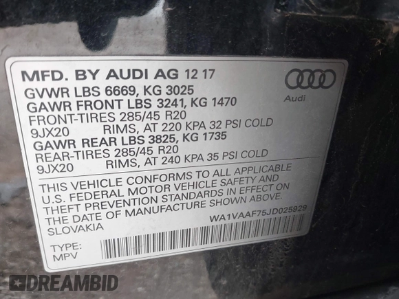 2018 Audi Q7 Prestige z VIN WA1VAAF75JD025929, wystawiony jako IAAI lot #41976794 z przebiegiem 89 640 mil mil oraz . Historia ofert i sprzedaży dostępna na DreamBid. Obrazek 9.