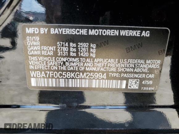 2019 BMW 7 Series 750i with VIN WBA7F0C58KGM25994, listed as a Copart auction lot 47277723 with 41,917 mi miles. Bid and sale history available at carsss.com. Image 13.