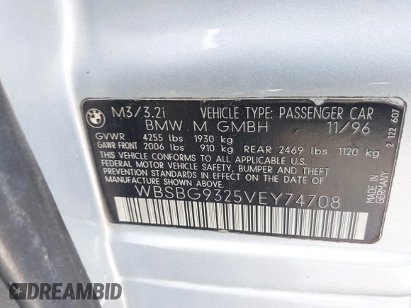 1997 BMW 3 Series M3 with VIN WBSBG9325VEY74708, listed as a IAAI auction lot 41483333 with 266,074 mi miles and . Bid and sale history available at DreamBid. Image 9.