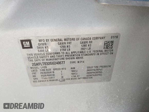 2016 GMC Terrain SLE with VIN 2GKFLTE32G6240677, listed as a IAAI auction lot 41646180 with 103,673 mi miles. Bid and sale history available at carsss.com. Image 9.