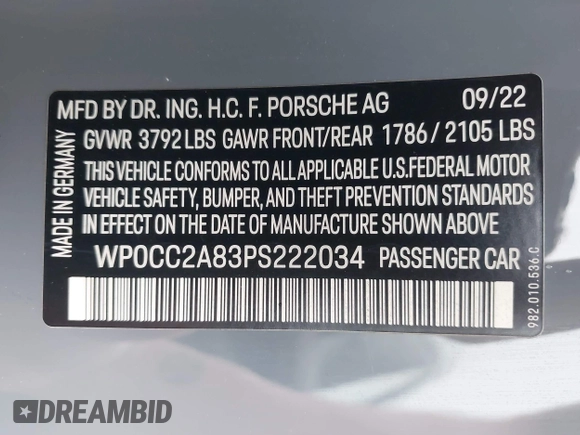 2023 Porsche 718 Spyder with VIN WP0CC2A83PS222034, listed as a IAAI auction lot 41222380 with 5,932 mi miles and . Bid and sale history available at DreamBid. Image 9.