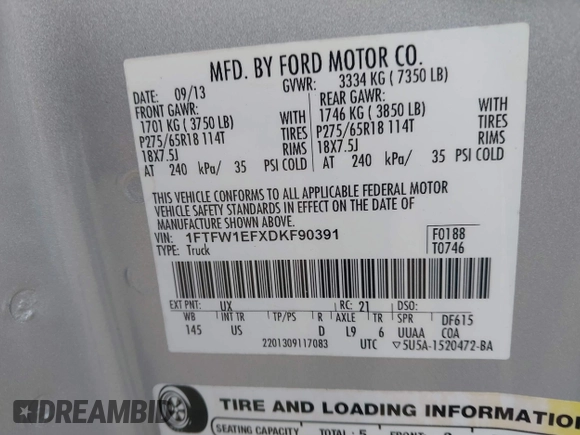 2013 Ford F-150 XL with VIN 1FTFW1EFXDKF90391, listed as a IAAI auction lot 41886643 with 127,088 mi miles. Bid and sale history available at carsss.com. Image 9.