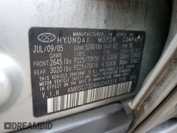 2006 Hyundai Santa Fe GLS with VIN KM8SC73D46U044314, listed as a Copart auction lot 45935335 with 259,062 mi miles and Salvage Title. Bid and sale history available at carsss.com. Image 14.