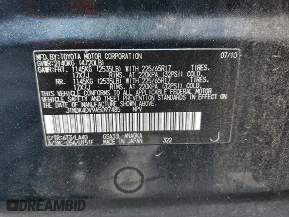 2010 Toyota RAV4 Ltd with VIN JTMDK4DV9A5097485, listed as a Copart auction lot 53018125 with 165,884 mi miles and Salvage Title. Bid and sale history available at carsss.com. Image 13.