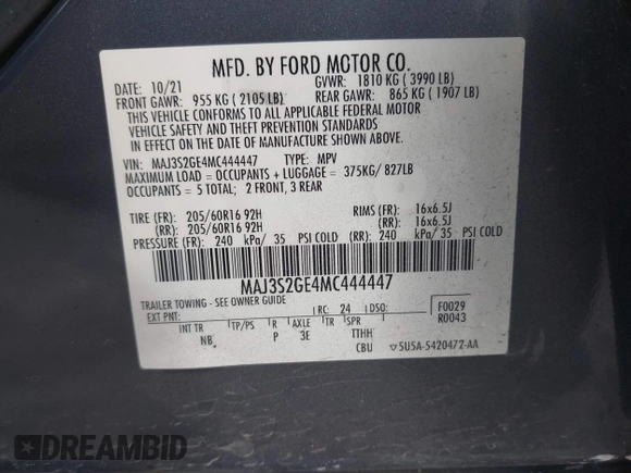 2021 Ford EcoSport SE with VIN MAJ3S2GE4MC444447, listed as a IAAI auction lot 41482594 with 70,881 mi miles and . Bid and sale history available at DreamBid. Image 9.