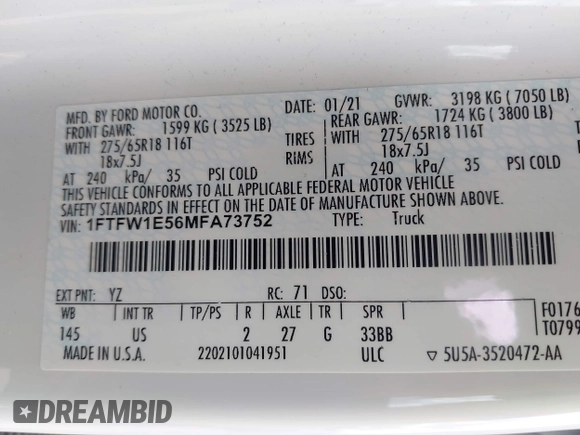 2021 Ford F-150 XL with VIN 1FTFW1E56MFA73752, listed as a IAAI auction lot 42267561 with 86,438 mi miles and . Bid and sale history available at DreamBid. Image 9.