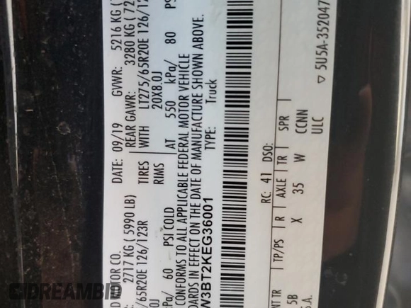 2019 Ford F-350 XL with VIN 1FT8W3BT2KEG36001, listed as a Copart auction lot 52803685 with 119,710 mi miles and Salvage Title. Bid and sale history available at DreamBid. Image 12.
