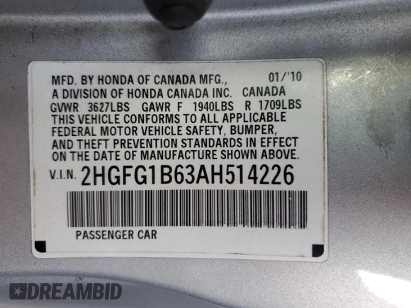 2010 Honda Civic Cpe LX with VIN 2HGFG1B63AH514226, listed as a Copart auction lot 84969424 with 115,520 mi miles and Salvage Title. Bid and sale history available at carsss.com. Image 13.