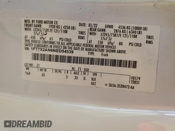 2022 Ford F-250 XL with VIN 1FT7X2AN6NED54339, listed as a Copart auction lot 50990255 with 54,805 mi miles and Salvage title. Bid and sale history available at DreamBid. Image 14.