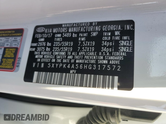 2017 Kia Sorento SX with VIN 5XYPK4A56HG317572, listed as a Copart auction lot 49798015 with 158,282 mi miles and Salvage title. Bid and sale history available at DreamBid. Image 14.