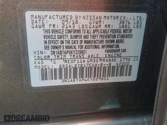 2019 Nissan Sentra S with VIN 3N1AB7AP6KY229801, listed as a Copart auction lot 82310174 with 81,241 mi miles and Salvage title. Bid and sale history available at DreamBid. Image 12.