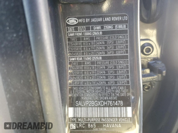 2013 Land Rover Range Rover Evoque Pure Plus with VIN SALVP2BGXDH761478, listed as a Copart auction lot 42751105 with 0 mi miles and Salvage Title. Bid and sale history available at carsss.com. Image 15.