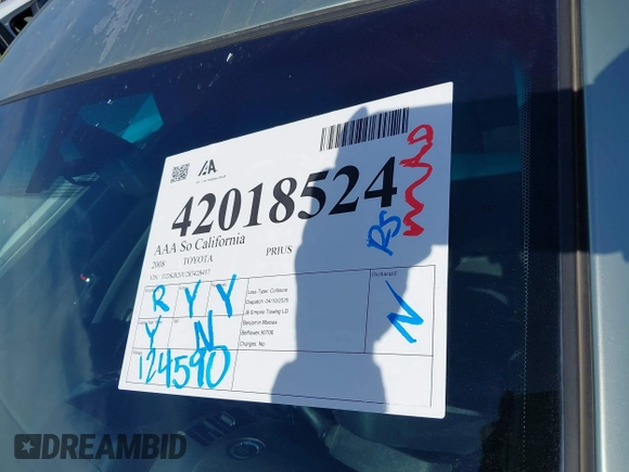2008 Toyota Prius with VIN JTDKB20U283428437, listed as a IAAI auction lot 42018524 with 124,590 mi miles. Bid and sale history available at carsss.com. Image 12.