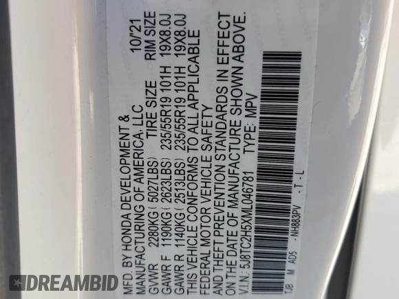 2021 Acura RDX Technology with VIN 5J8TC2H5XML046781, listed as a Copart auction lot 52187775 with 58,995 mi miles and Salvage title. Bid and sale history available at DreamBid. Image 13.