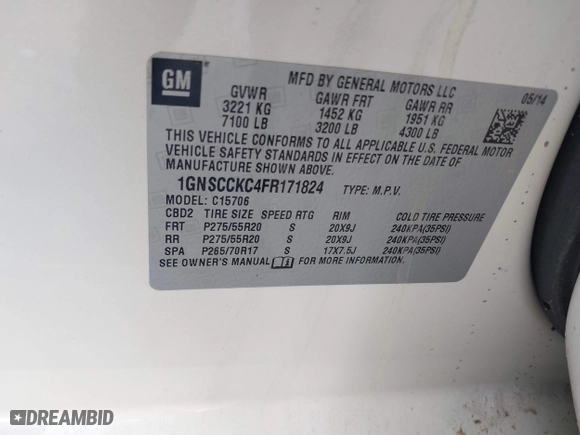 2015 Chevrolet Tahoe LTZ with VIN 1GNSCCKC4FR171824, listed as a IAAI auction lot 41121478 with 1 mi miles. Bid and sale history available at carsss.com. Image 9.