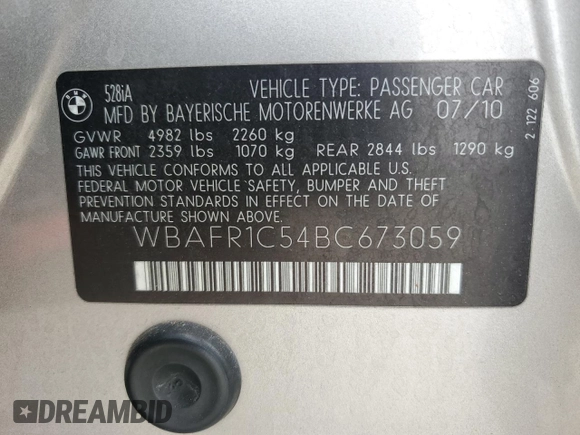 2011 BMW 5 Series 528i with VIN WBAFR1C54BC673059, listed as a Copart auction lot 54272525 with 127,771 mi miles and Clean Title. Bid and sale history available at carsss.com. Image 12.