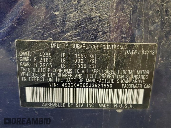 2018 Subaru Impreza Premium with VIN 4S3GKAB65J3621850, listed as a Copart auction lot 63196235 with 50,973 mi miles and Salvage title. Bid and sale history available at DreamBid. Image 12.