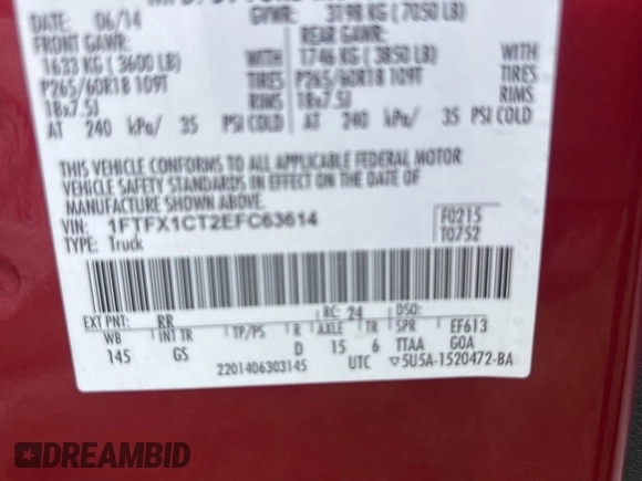 2014 Ford F-150 XL with VIN 1FTFX1CT2EFC63614, listed as a Copart auction lot 63255845 with 169,111 mi miles and Clean title. Bid and sale history available at DreamBid. Image 10.