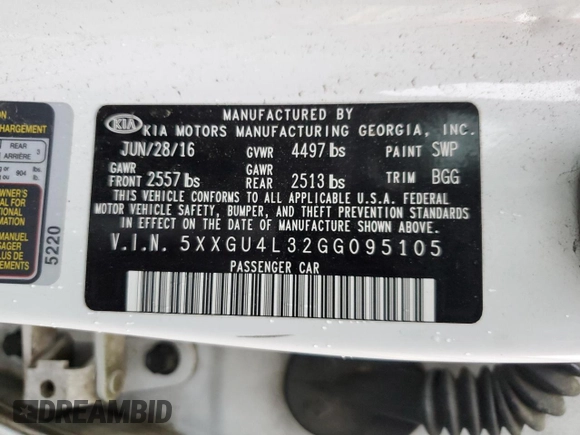 2016 Kia Optima EX с VIN 5XXGU4L32GG095105, выставлен на аукционе Copart как лот 56227925 с пробегом 116 037 миль миль и Списание • Salvage title. История ставок и продаж доступна на DreamBid. Изображение 12.
