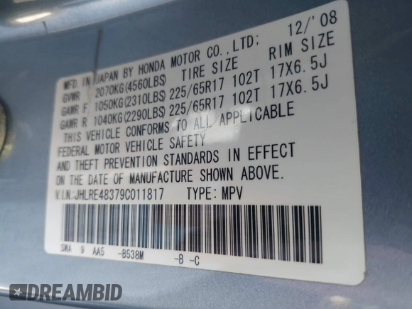 2009 Honda CR-V LX with VIN JHLRE48379C011817, listed as a IAAI auction lot 42059815 with 217,661 mi miles. Bid and sale history available at carsss.com. Image 9.