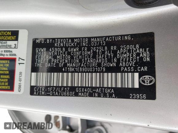 2013 Toyota Avalon XLE with VIN 4T1BK1EB9DU031079, listed as a IAAI auction lot 41809315 with 93,331 mi miles and . Bid and sale history available at DreamBid. Image 9.