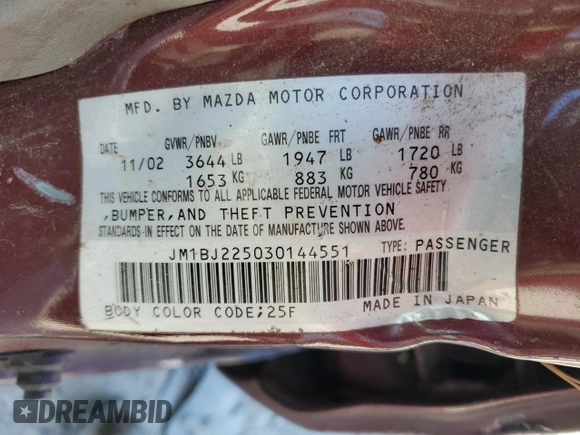 2003 Mazda Protege DX with VIN JM1BJ225030144551, listed as a Copart auction lot 50769905 with 179,876 mi miles and Salvage Title. Bid and sale history available at DreamBid. Image 14.