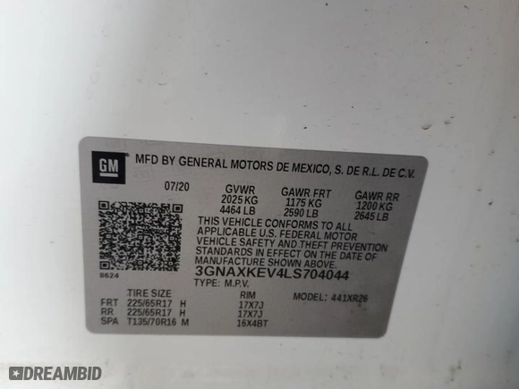 2020 Chevrolet Equinox LT with VIN 3GNAXKEV4LS704044, listed as a Copart auction lot 87050224 with 63,423 mi miles and Salvage Title. Bid and sale history available at carsss.com. Image 13.
