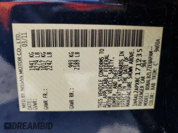 2011 Nissan Altima S with VIN 1N4AL2APXBC171235, listed as a Copart auction lot 62347125 with 184,753 mi miles and Salvage title. Bid and sale history available at DreamBid. Image 12.