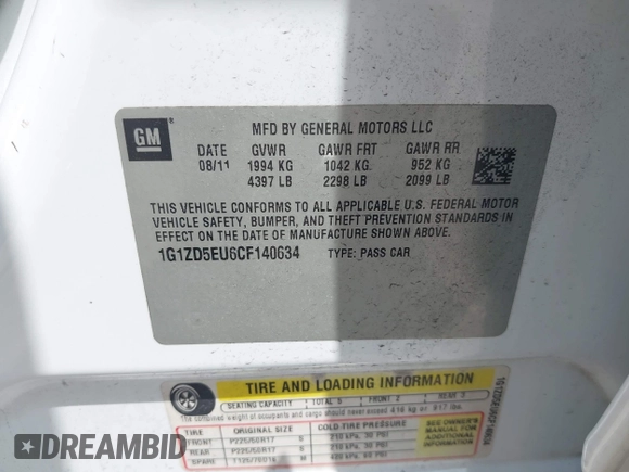 2012 Chevrolet Malibu 2LT with VIN 1G1ZD5EU6CF140634, listed as a IAAI auction lot 42074648 with 203,409 mi miles and . Bid and sale history available at DreamBid. Image 9.