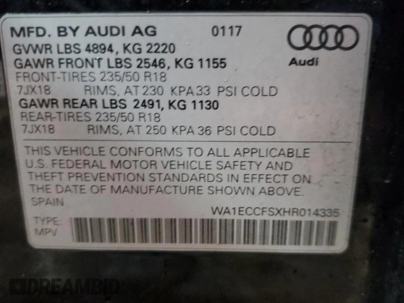 2017 Audi Q3 Premium z VIN WA1ECCFSXHR014335, wystawiony jako Copart lot #49917865 z przebiegiem 163 521 mil mil oraz Czysty tytuł • Clean title. Historia ofert i sprzedaży dostępna na DreamBid. Obrazek 12.