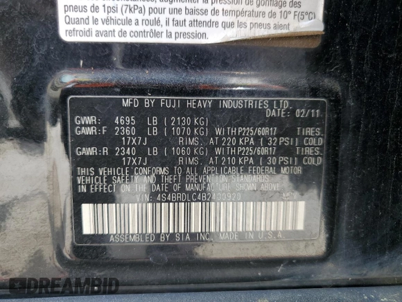 2011 Subaru Outback Limited Power Moon with VIN 4S4BRDLC4B2400920, listed as a Copart auction lot 51066445 with 177,676 mi miles and Salvage Title. Bid and sale history available at DreamBid. Image 14.
