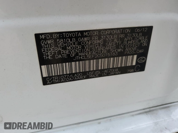 2012 Lexus LS 460 with VIN JTHCL5EF2C5015183, listed as a Copart auction lot 45860465 with 127,876 mi miles and Salvage title. Bid and sale history available at DreamBid. Image 13.