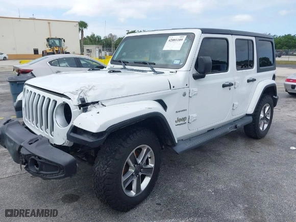 2019 Jeep Wrangler Unlimited Sahara with VIN 1C4HJXEN0KW623325, listed as a IAAI auction lot 42001189 with 1 mi miles. Bid and sale history available at carsss.com. Image 2.
