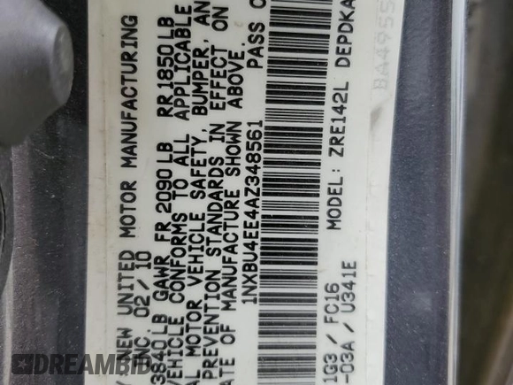2010 Toyota Corolla with VIN 1NXBU4EE4AZ348561, listed as a Copart auction lot 50906725 with 187,272 mi miles and Non Repairable. Bid and sale history available at carsss.com. Image 12.