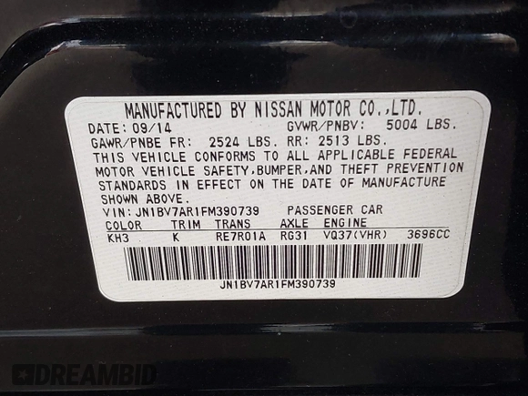 2015 Infiniti Q50 Premium with VIN JN1BV7AR1FM390739, listed as a IAAI auction lot 41865581 with 172,326 mi miles and . Bid and sale history available at DreamBid. Image 9.