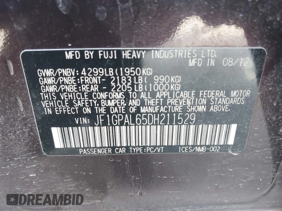 2013 Subaru Impreza Special Sports Premium with VIN JF1GPAL65DH211529, listed as a IAAI auction lot 41626323 with 166,363 mi miles and . Bid and sale history available at DreamBid. Image 9.