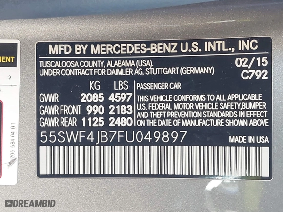 2015 Mercedes-Benz C-Class C 300 with VIN 55SWF4JB7FU049897, listed as a IAAI auction lot 41795671 with 137,194 mi miles. Bid and sale history available at carsss.com. Image 9.
