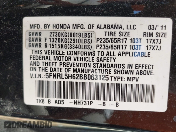 2011 Honda Odyssey EX-L with VIN 5FNRL5H62BB063125, listed as a IAAI auction lot 42562541 with 140,787 mi miles and . Bid and sale history available at DreamBid. Image 9.