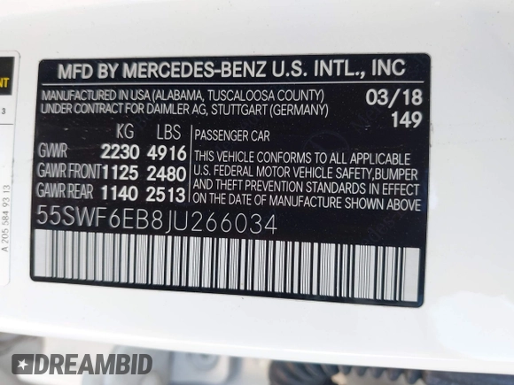 2018 Mercedes-Benz C 43 AMG with VIN 55SWF6EB8JU266034, listed as a IAAI auction lot 42403048 with 63,023 mi miles and . Bid and sale history available at DreamBid. Image 9.
