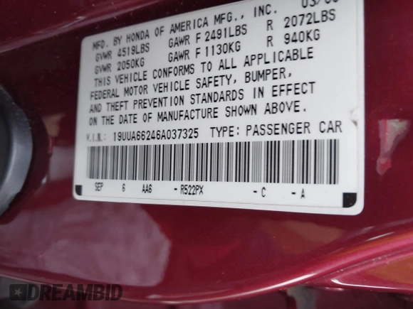 2006 Acura TL with VIN 19UUA66246A037325, listed as a IAAI auction lot 41481434 with 131,168 mi miles. Bid and sale history available at carsss.com. Image 9.