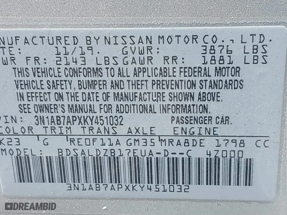2019 Nissan Sentra SR with VIN 3N1AB7APXKY451032, listed as a IAAI auction lot 39229170 with 113,948 mi miles. Bid and sale history available at carsss.com. Image 9.