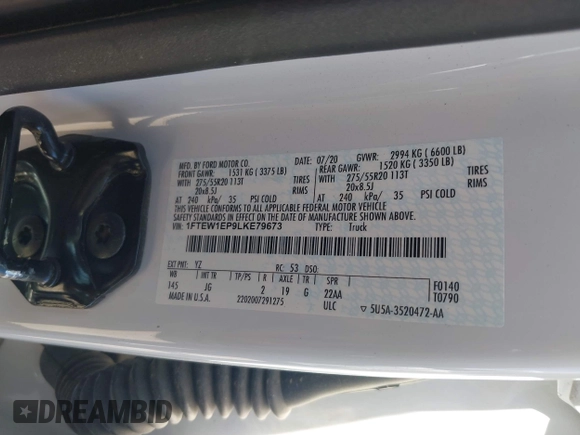 2020 Ford F-150 XL with VIN 1FTEW1EP9LKE79673, listed as a IAAI auction lot 42164533 with Not provided miles and . Bid and sale history available at DreamBid. Image 9.