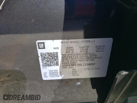 2020 GMC Acadia Denali with VIN 1GKKNPLS6LZ216097, listed as a Copart auction lot 46839645 with 44,755 mi miles and Salvage title. Bid and sale history available at DreamBid. Image 13.