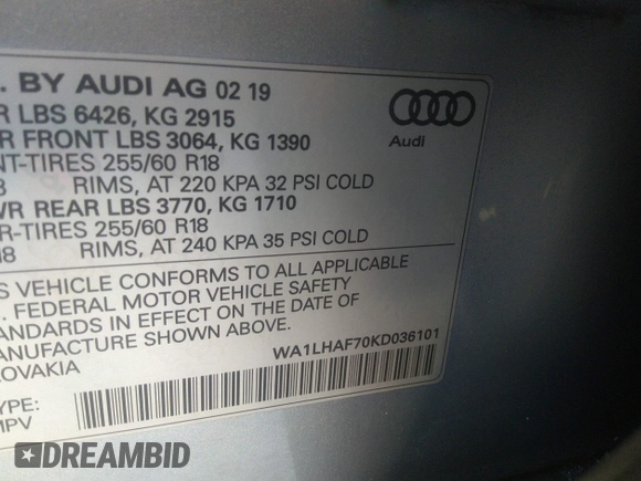 2019 Audi Q7 Premium Plus with VIN WA1LHAF70KD036101, listed as a IAAI auction lot 41211953 with 109,000 mi miles and . Bid and sale history available at DreamBid. Image 9.