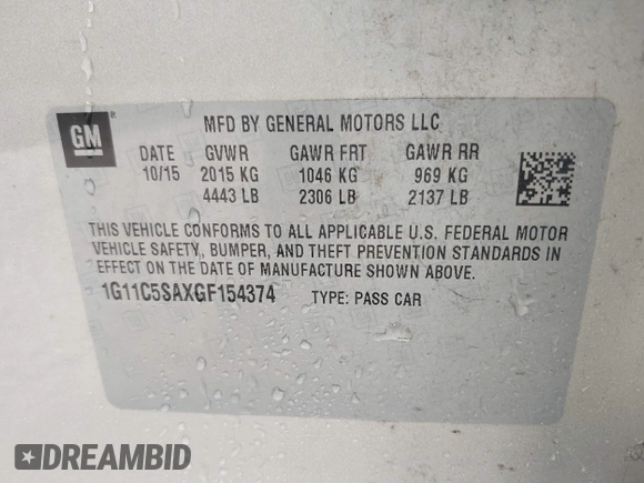 2016 Chevrolet Malibu Limited LT with VIN 1G11C5SAXGF154374, listed as a IAAI auction lot 41754765 with 119,281 mi miles. Bid and sale history available at carsss.com. Image 9.