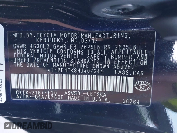 2017 Toyota Camry XLE with VIN 4T1BF1FK8HU407344, listed as a IAAI auction lot 41871574 with 69,594 mi miles and . Bid and sale history available at DreamBid. Image 9.